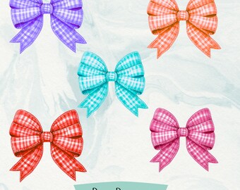 Gingham Bow PNG Bundle – 5 Pastel Check Ribbon Clipart 300 dpi (Digital Download)