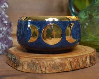 Yellow Gold and Midnight Stone Blue Lunar Phase Ceramic Condiment Bowl - 6 oz. - Full Crescent Moon Phases - Dip Change Prep Bowl