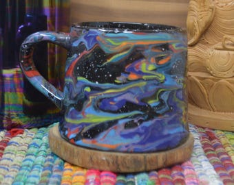 Rainbow Glitter Tie Dye Mug - Marbled Starry Night Large Ceramic Coffee Mug - 18 oz. - Swirled Sparkly Nebula Galaxy