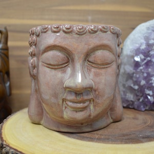 Rustic Copper Barn Red Buddha Zen Ceramic Flower Pot - Office Planter - Ashen Reddish Beige Golden Hues - Buddhist Head - No Drain Hole