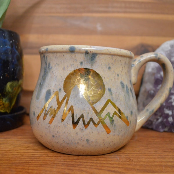 Yellow Gold Desert Sunrise with Taupe Interior - Ceramic Coffee Mug - Speckled Glaze - Crackle Gold - Sandy Mountain Sun