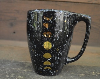 Yellow Gold Moon Phase on Speckled Black and White Starry Night - Cute Ceramic Tea Bag Holder Mug - 12 oz - Lunar Phases - Outer Space Mug