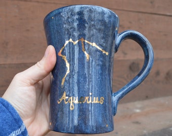 SALE Aquarius Zodiac Midnight Stone Galaxy Mug - Large Ceramic Coffee or Beer Mug - 26-28 oz - Real Gold - Constellation Mug - Ready to Ship