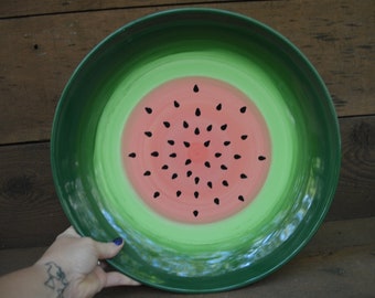 Juicy Watermelon Ombre Large Ceramic Shallow Pasta / Fruit / Serving Bowl - Bright Gradient Design - Shades of Greens and Pinks