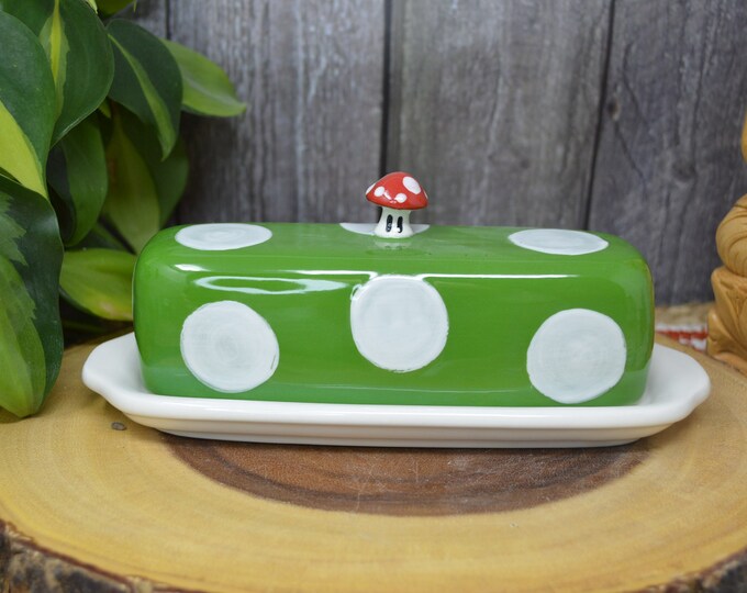 Ceramic Mushroom Butter Dish Green and Red Cute Kawaii Mario Toad