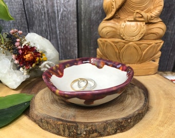 Adorable Little Ceramic Ring / Jewelry Dish / Holder - Catch All Decor - Organic Shape - Matte Mist with Raspberry Sorbet Crystals