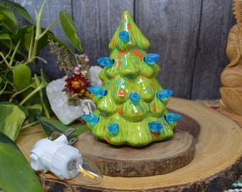 Vintage Style Ceramic Christmas Tree with Lights Wall Plug Nightlight - Hand Painted Tree Frog Green and Aqua Blue - Choose your Lights