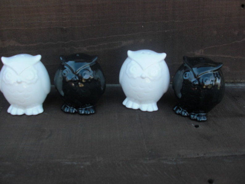 Peut inclure: Quatre sali&egrave;res et poivri&egrave;res en c&eacute;ramique en forme de hibou. Deux sont blanches et deux sont noires.