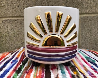 Italian Winery Ombre and REAL Yellow GOLD Striped Sunburst Ceramic Flower Pot - Office Planter - Colorful Sunshine Whimsical - No Drain Hole