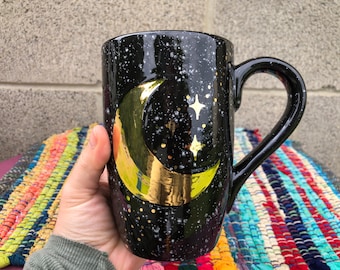 Crescent Moon n Stars - Yellow Gold on Speckled Black + White Starry Night - Extra Large Ceramic Coffee Beer Mug- 26 oz - Lunar Phase