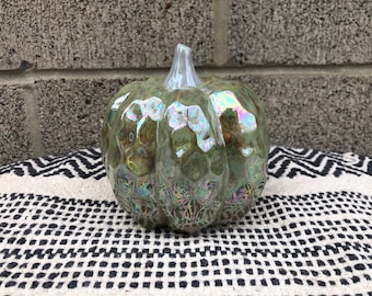 Faceted Hammered Gourd Ceramic Pumpkin - Mother of Pearl Rustic Riverstone Green n Gray - Fairytale Cinderella Pumpkins - Fall Home Decor