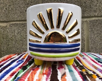 Rainbow and REAL Yellow GOLD Striped Sunburst Ceramic Flower Pot - Office Planter - Colorful Sunshine Whimsical - No Drain Hole