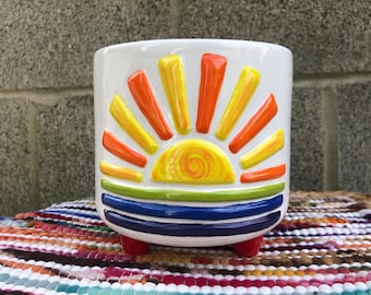 Rainbow Striped Sunburst Ceramic Flower Pot - Office Planter - Colorful Sunshine Whimsical - No Drain Hole