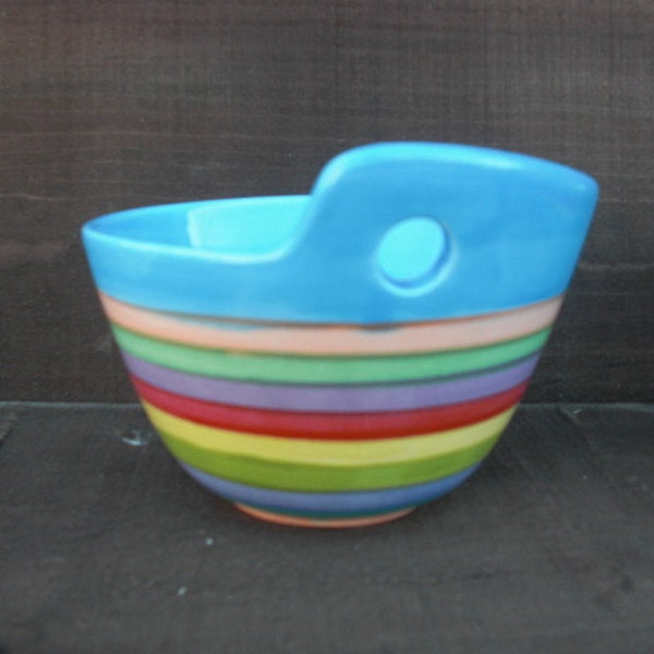 Colorful Rainbow Stripes Ceramic Yarn Bowl for Knitters or Crocheters - Aqua Blue Interior