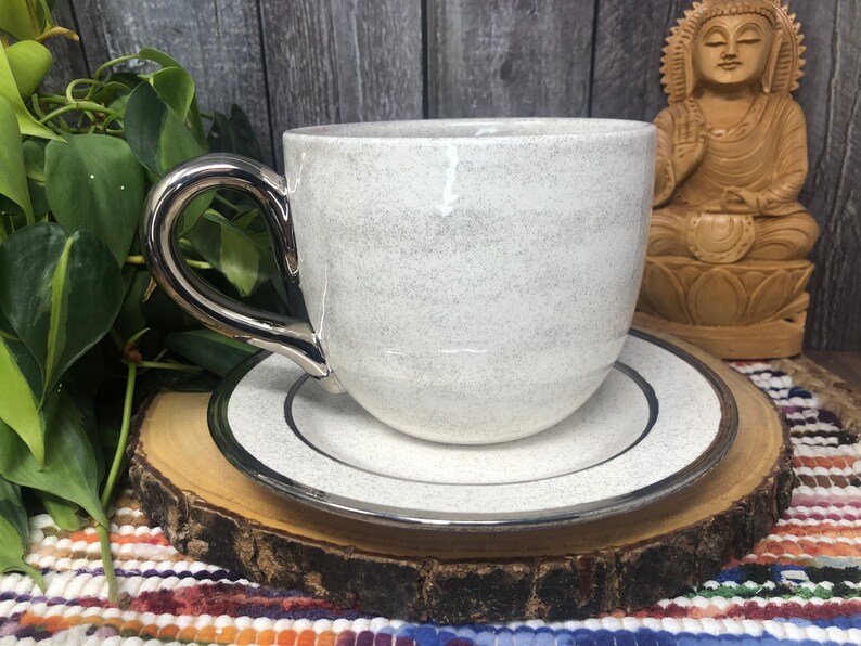 White Gold and Glitter Lunar Phase Jumbo Ceramic Cappuccino Mug and Dish Set 28 oz. Silver Full Crescent Moon Extra Large Coffee Mug image 6