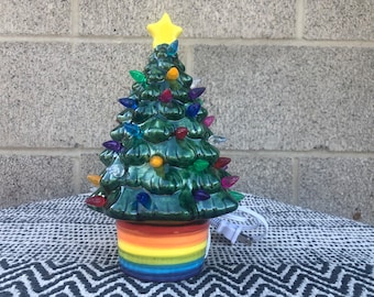 Vintage Style Ceramic Christmas Tree with Lights - Handpainted Glass Green, Rainbow Base, Yellow Star - Pride LGBTQ