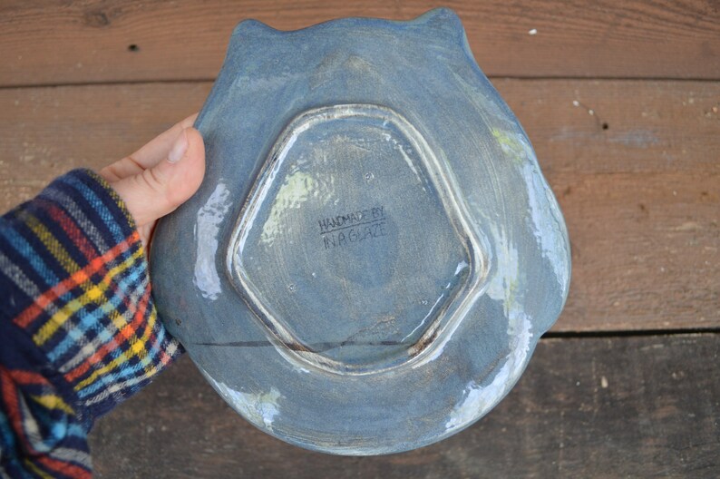 Denim Blue Ceramic Owl Dish Change Catch All Jewelry Earth Tone Glaze Modern Ceramic Plate Spoon Rest