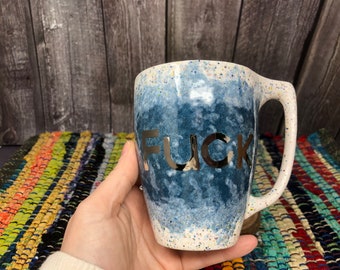 Mature tea Bag Holder Mug - Shimmer Glitter Turquoise Teal and Rainbow Speckled Interior- FUCK in Real WHITE Gold - Snarky Anxiety Mug