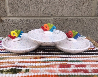 Adorable LOVE Dish - Cute Ceramic Ring / Jewelry Dish / Holder - Catch All Decorative Tray - Speckled White