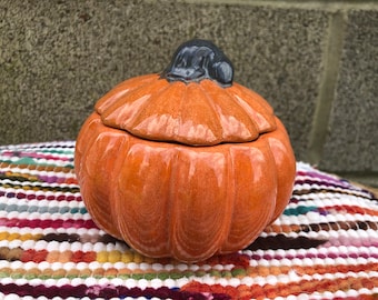 Cute Ceramic Pumpkin Container - Rustic Clementine Autumn Orange and Charcoal Gray Stem - Fall Home Decor - Jar Box