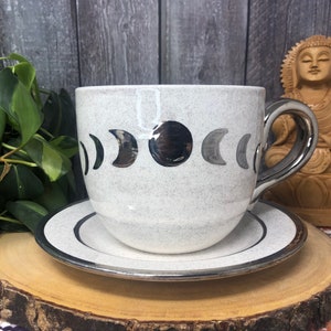 White Gold and Glitter Lunar Phase Jumbo Ceramic Cappuccino Mug and Dish Set 28 oz. Silver Full Crescent Moon Extra Large Coffee Mug image 1