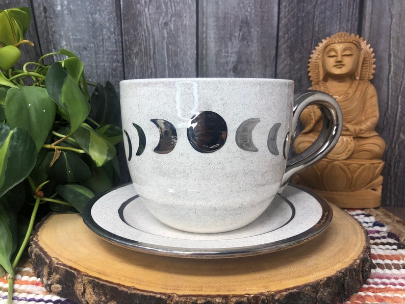 White Gold and Glitter Lunar Phase Jumbo Ceramic Cappuccino Mug and Dish Set 28 oz. Silver Full Crescent Moon Extra Large Coffee Mug image 1