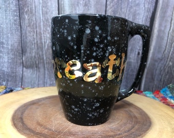 BREATHE Tea Bag Holder Mug - Speckled Black and White  with Shimmer Glittery White Interior in Real Yellow Gold - Snarky Anxiety Office Mug