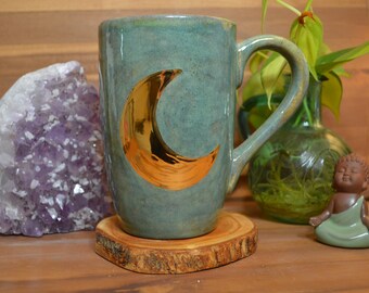 Yellow Gold Crescent Moon - Gold Splatter and Rustic Riverstone Green -  Starry Night - Extra Large Ceramic Coffee - 26 oz - Outer Space Mug