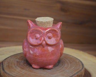 Lobster Red Mini Ceramic Owl Jar - Stash Jar - Herb, Essential Oil, Spice Jar - Cork Lid