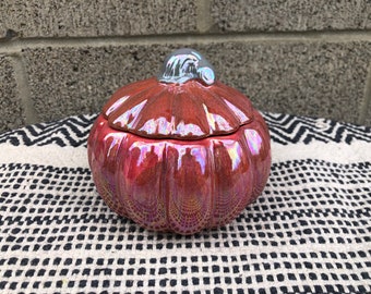 Cute Gourd Ceramic Pumpkin Canister - Mother Of Pearl Rustic Apple Barn Red Opalescent and Silver Gray Stem - Fall Home Decor - Jar Box