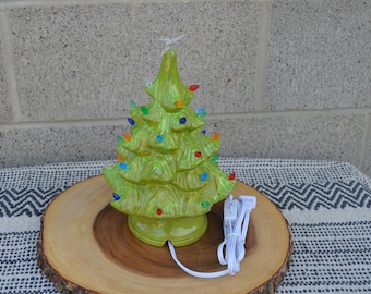 Vintage Style Ceramic Christmas Tree with Lights - Hand painted Bright Jolly Green - Small