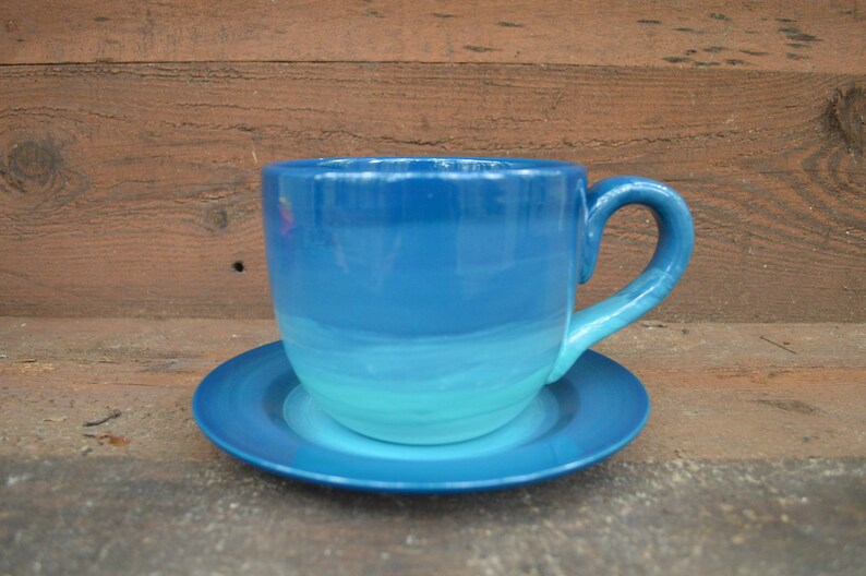 Teal Ombre Jumbo Soup Mug with Matching Saucer Plate 30 oz. Etsy