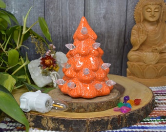 Vintage Style Ceramic Christmas Tree with Lights Wall Plug Nightlight - Hand Painted Speckled Orange and White - Choose your Lights