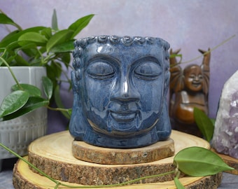 Maceta de cerámica Zen de Buda azul medianoche - Jardinera de oficina - Azul marino rústico azul cielo nocturno - Cabeza budista - Sin orificio de drenaje