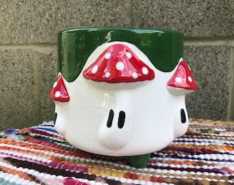 Kelly Green and Candy Apple Red Mario Toad Mushroom Flower Pot - Office Planter - Colorful Mushrooms Whimsical - No Drain Hole