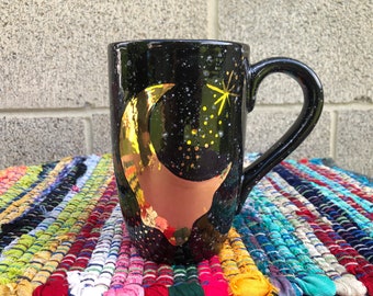 Molten Moon n Star - Yellow Gold on Speckled Black + White Starry Night - Extra Large Ceramic Coffee Beer Mug- 26 oz - Crescent Lunar