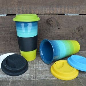 Peacock Ombre Large Ceramic Travel Mug with Silicone Lid - Colorful Gradient Design - Pick Lid Color - Chartreuse, Lime Teal