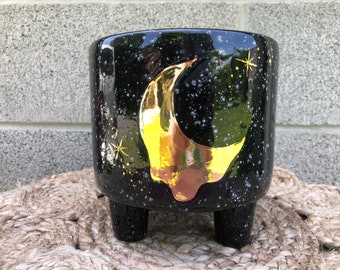 Bohemian Galaxy - Black Speckled Glitter - REAL Yellow GOLD Crescent Molten Moon Planter - Large Ceramic Flower Pot - Starry Night Starburst