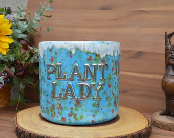 Plant Lady Flower Pot - Aqua Blue y REAL White GOLD Luster - Flowing Glaze- Monets Pond - Large Ceramic Planter - Red Yellow Lime Green