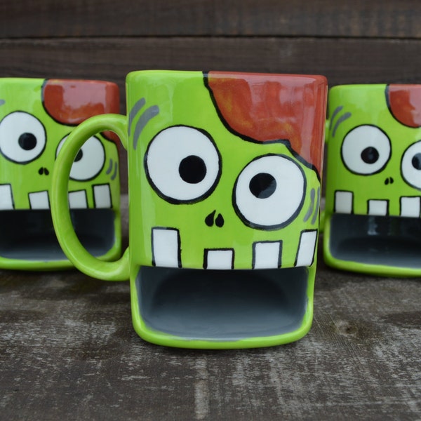 Nom Nom Nom BRAINS - Whimsical Zombie Ceramic Cookies and Milk Dunk Mug - Lime Green