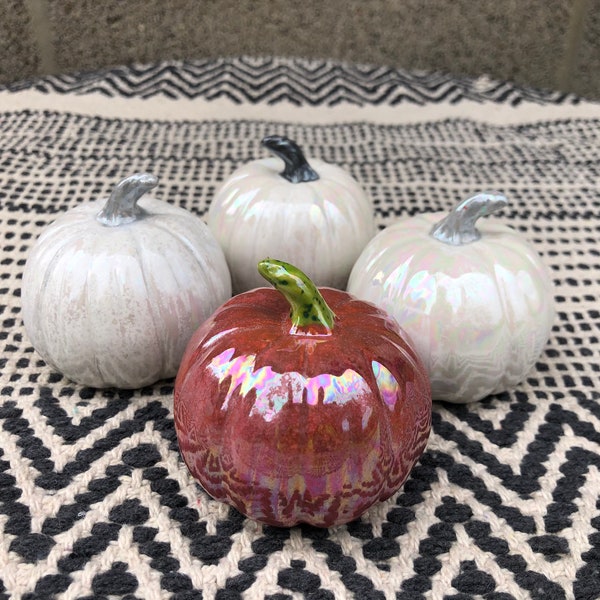 Cute Gourd Ceramic Pumpkin Tot - Mother Of Pearl Rustic Opalescent - Fall Home Decor - Autumn Red White Silver Gray Opal