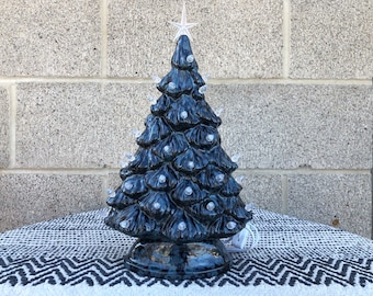 Vintage Style Ceramic Christmas Tree with Light Kit - Crystal Burst Gothic Black Obsidian and Plastic Lights - Shelf Style - Ready to Ship