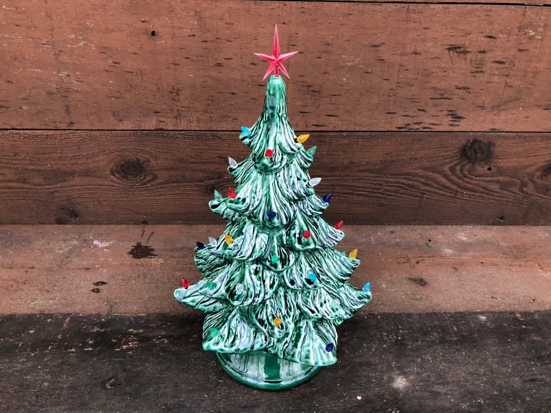 Vintage Style Ceramic Christmas Tree With Lights Handpainted Glass Green Large Ready to Ship Etsy