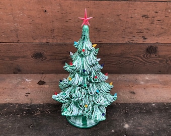 Vintage Style Ceramic Christmas Tree with Lights - Handpainted Glass Green - Large - Ready to Ship