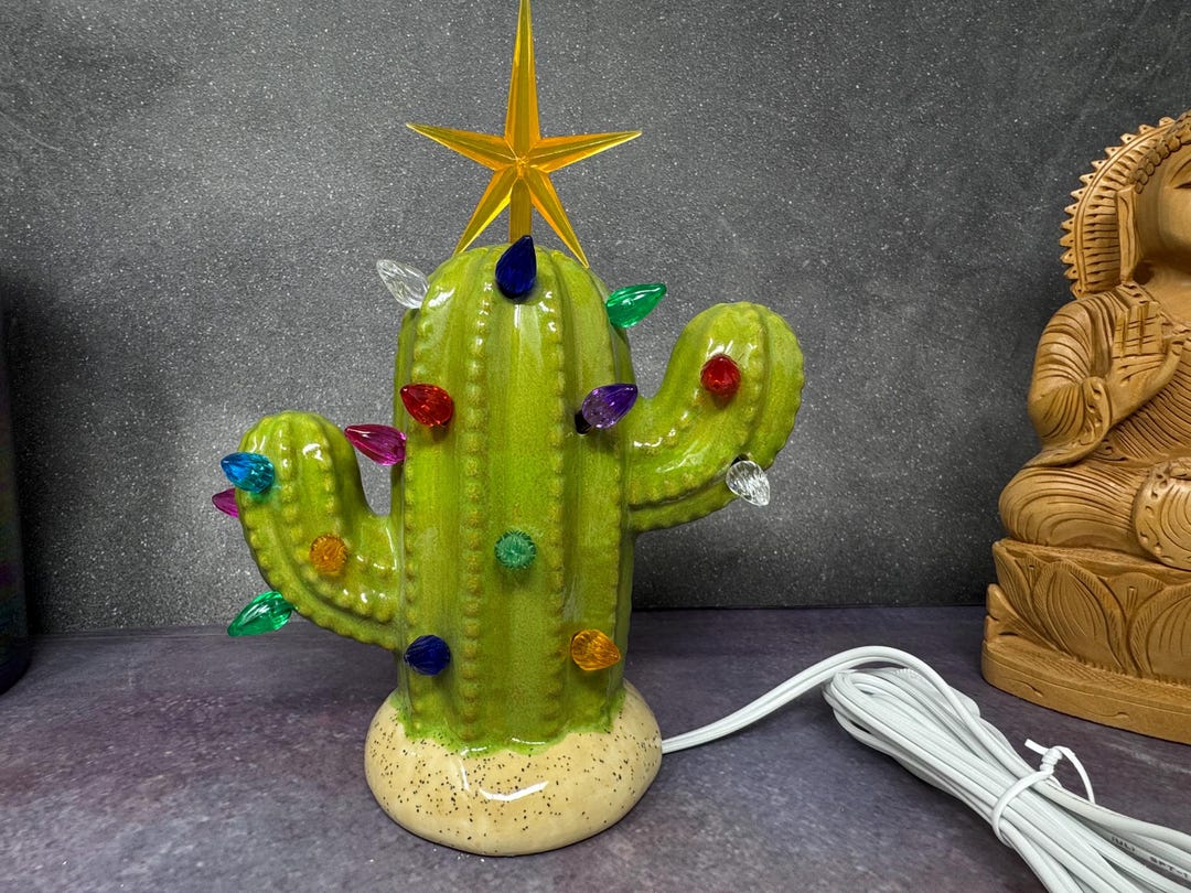 Light up Ceramic Cactus With Lights - Hand Painted Lizard Lime Green ...