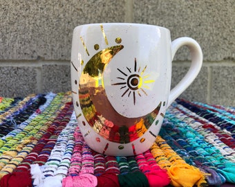 Yellow Gold Lunar Phase Ceramic Coffee or Tea Mug - 16 oz. - Crescent Moon - Splatter Paint - Large Coffee Mug - Sunburst Sun Rays