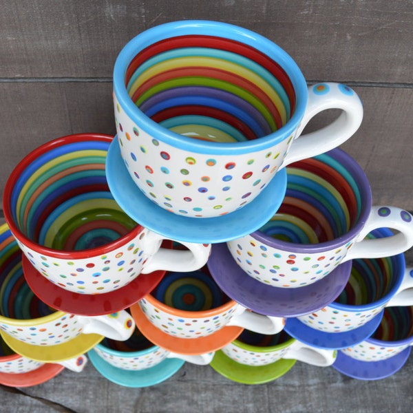 Bumpy Mug - Super Awesome Dots and Stripes Ceramic Coffee or Soup Mug - 30 oz. - OOAK Hand Painted Mug - Ready to Ship