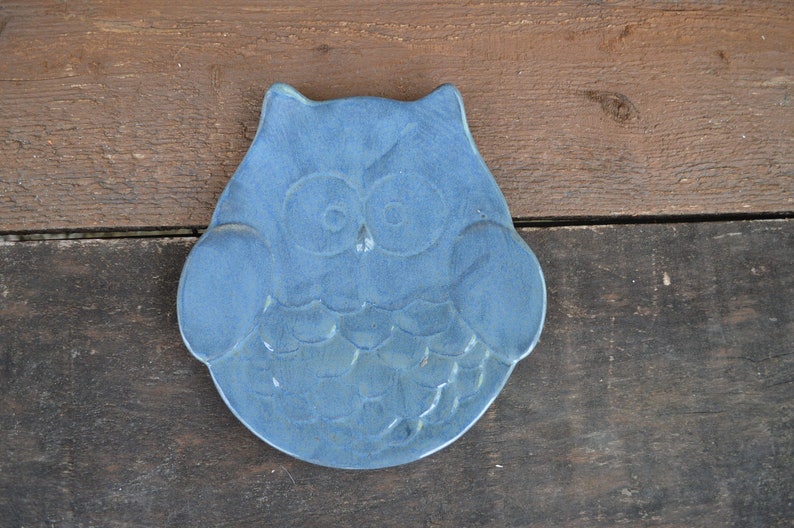 Denim Blue Ceramic Owl Dish Change Catch All Jewelry Earth Tone Glaze Modern Ceramic Plate Spoon Rest