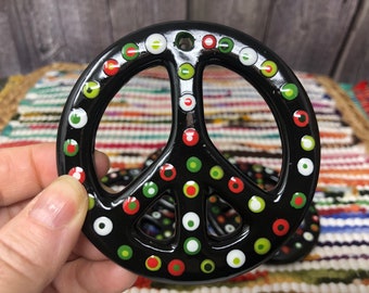 Ceramic Peace Sign Ornament with Layered Polka Dots - Christmas Colors - One Ornament - Sold Individually - Red Kelly Wintergreen Black