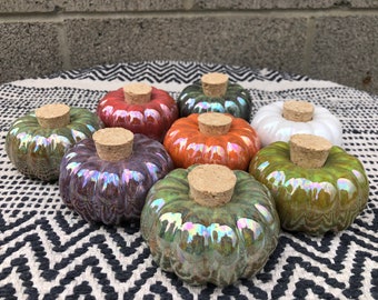 Cute Gourd Ceramic Pumpkin Cork Jar - Mother Of Pearl Rustic Opalescent - Fall Home Decor - Autumn Orange Green White Red Purple